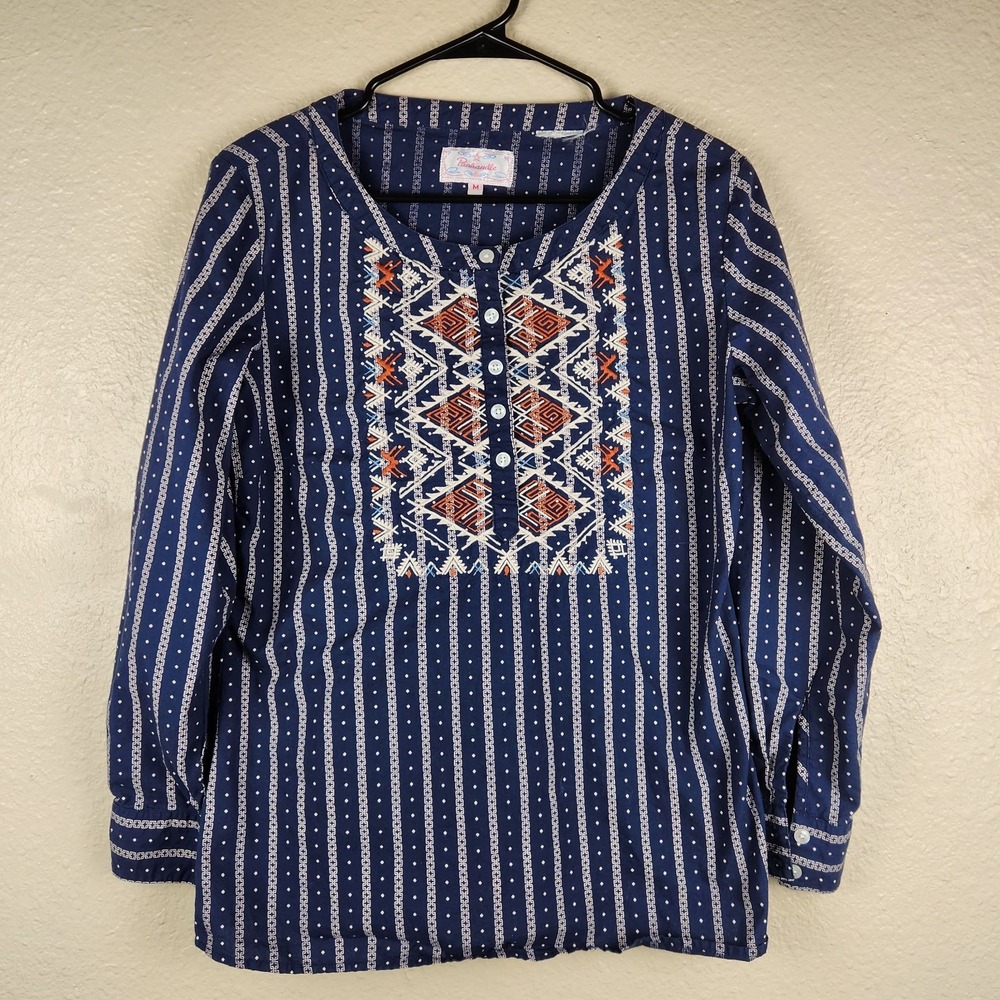Panhandle Slim Navy Striped Tunic with Embroidered Yoke